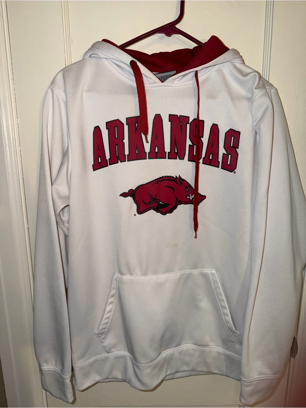 Stadium Athletics White and Red Arkansas Razorback Hoodie. Like new. Size M